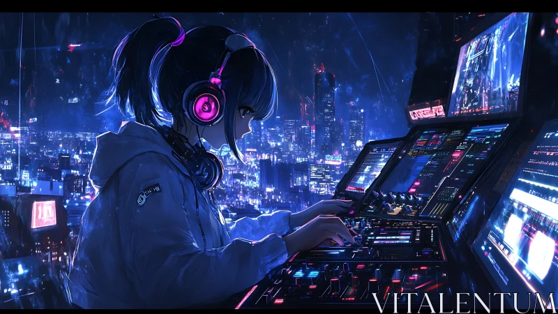 Cyberpunk girl commands neon control deck above skyline.