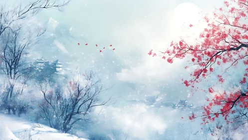 Winter mountain temple under gentle snow and cherry bloom.