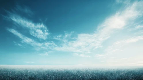 Soft blue sky over a peaceful misty meadow at sunrise.