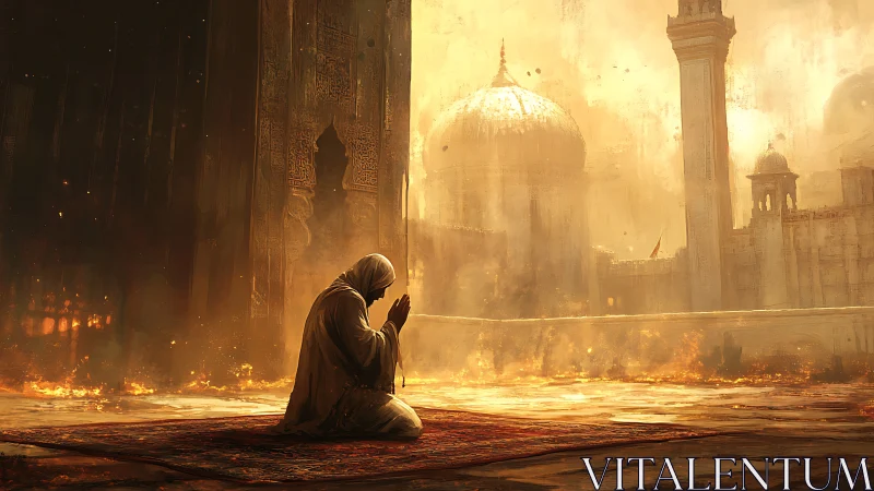 Solitary figure in prayer before blazing golden citadel.