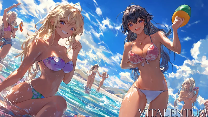 Anime girls in bikinis playing on a bright summer beach.