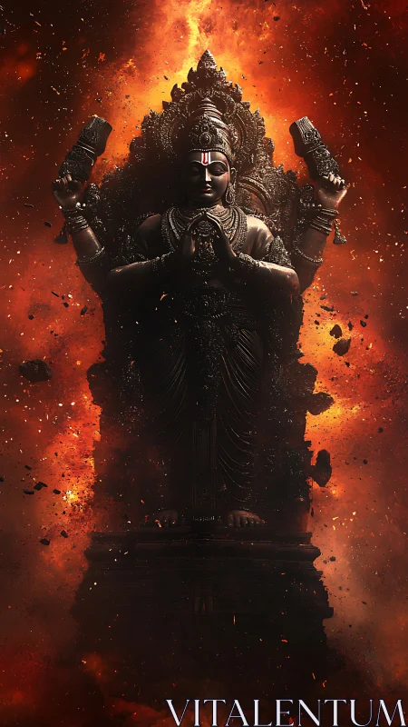 Fiery divine statue rises in glowing embers and quiet power