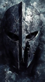 Battle-scarred helm reveals shadowed warrior gaze in frost.