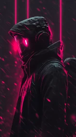 Cybernetic hooded scout under neon magenta rain lines