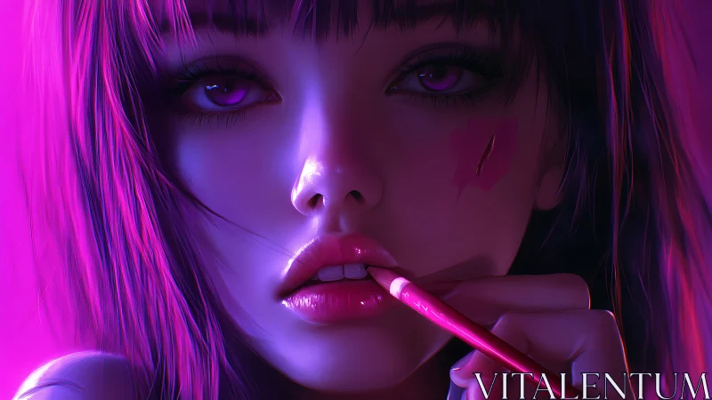 Neon-lit girl holds makeup brush near glossy lips