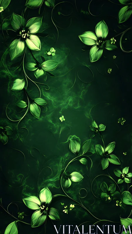 Glowing Green Flowers with Luminous Vines on Dark Botanical Background