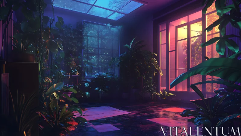 Moody indoor greenhouse glows with neon dusk reflections