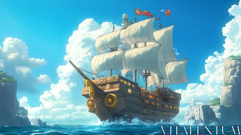 Majestic galleon under full sail between bright sea cliffs.