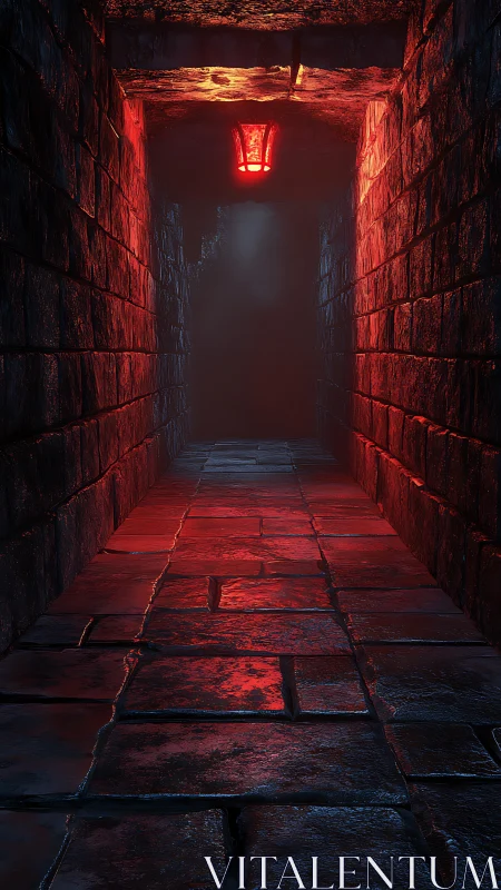 3D dungeon corridor with red lantern and vanishing perspective.