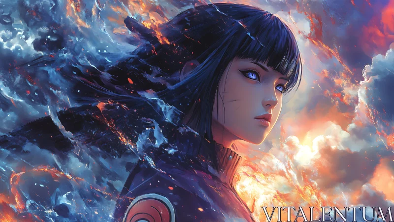 Blue eyed warrior faces blazing storm sky in profile.