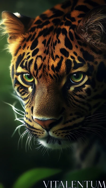 Close frontal rendering shows leopard head in shaded foliage