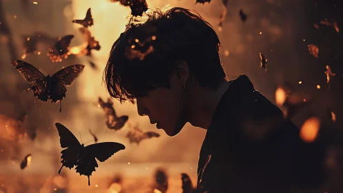 Silhouetted person surrounded by glowing butterflies at dusk.