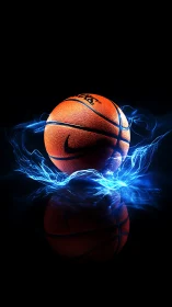 Charged basketball hovers in a storm of electric blue fire