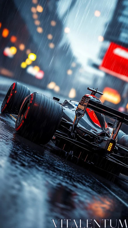 Formula race car on wet city street in heavy rain.