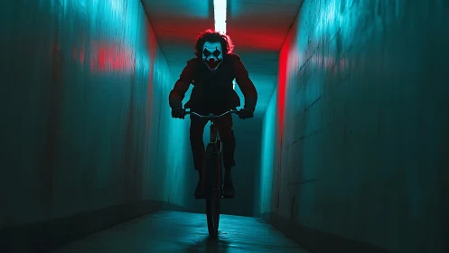 Cyclist with Clown Makeup in Neon-Lit Corridor