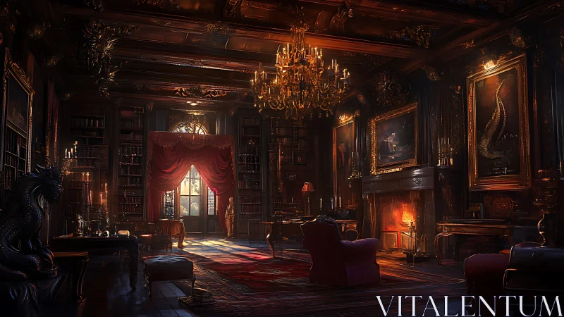 Opulent fantasy library glows with firelit evening warmth