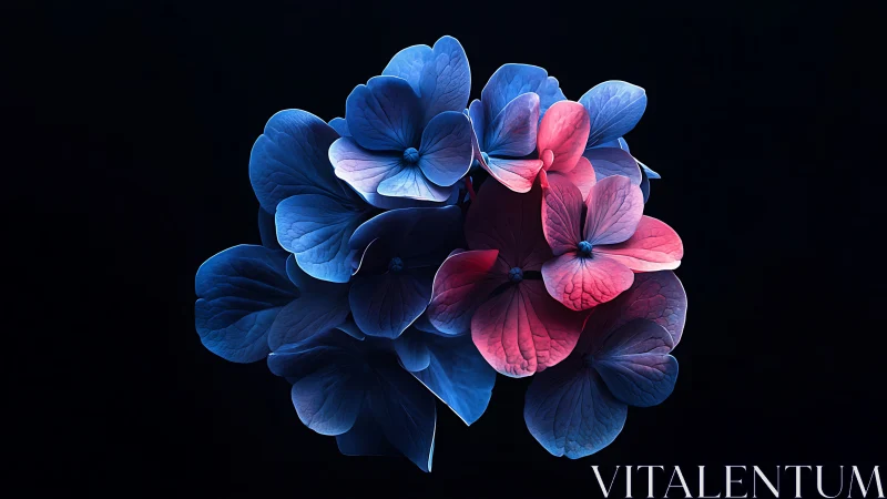 Vibrant Hydrangea Blooms Transition from Deep Blue to Coral Pink.