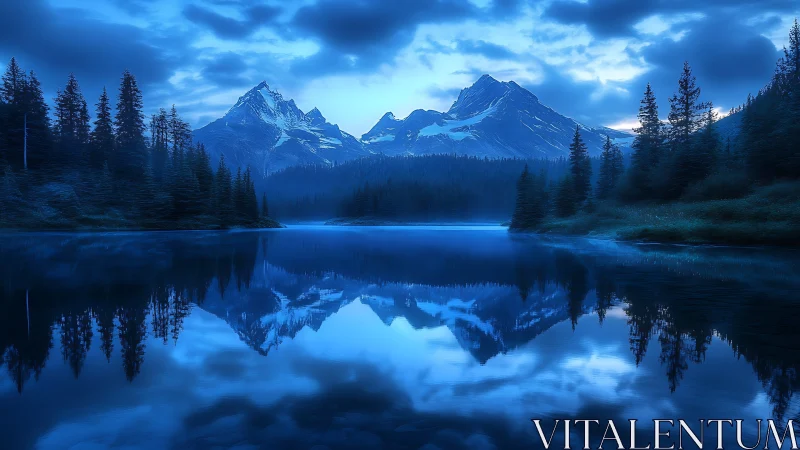 Silent blue mountains rest over a calm mirrorlike lake