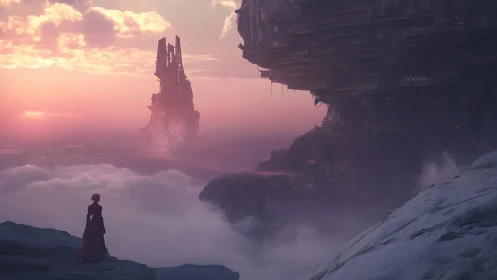 Solitary figure observing vast sci-fi structures at dusk.