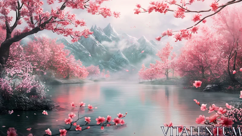 Infrareal alpine lake under saturated sakura bloom canopy.