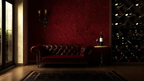 Luxurious red leather sofa anchors moody wine lounge interior