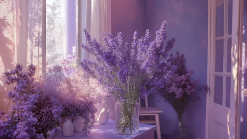 Purple Lavender Window Display in Soft Golden Sunlight.
