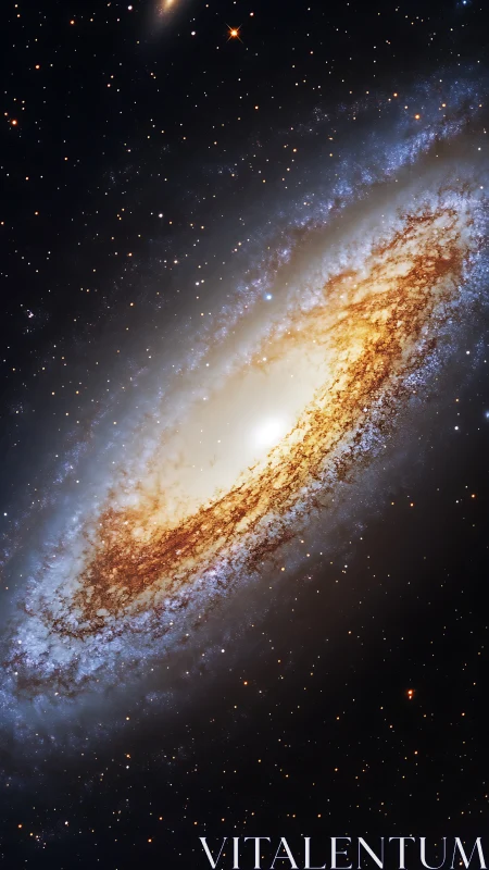 Spiral galaxy blooms in starlit dust and molten gold glow.