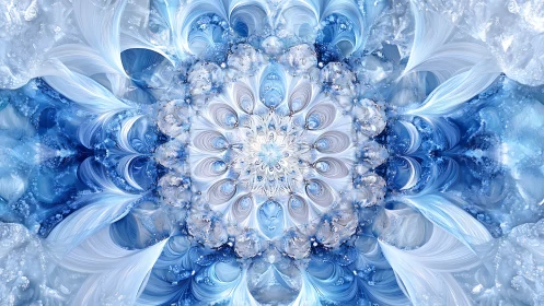 Radially symmetric ice-blue fractal mandala exhibits layered curl geometry