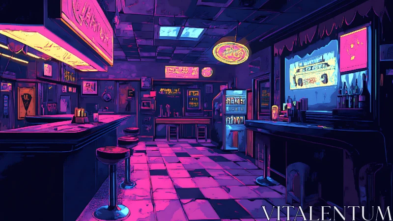 Neon-drenched retro diner bar glowing in cyberpunk midnight.