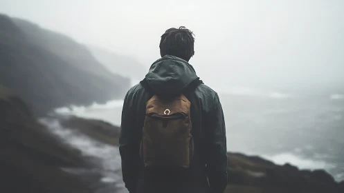 Backlit coastal hiker in fog-diffused atmospheric perspective.