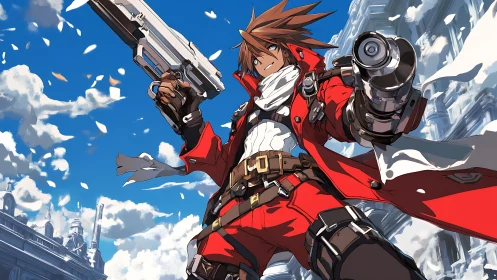 Gun-wielding anime warrior in red coat against sky backdrop.