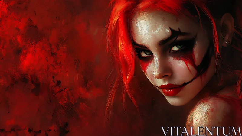 Crimson-haired jester portrait in expressive digital chiaroscuro.