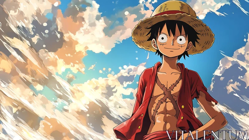 Cheerful straw-hatted adventurer under glowing summer skies.