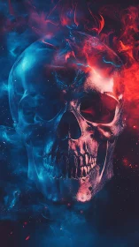 Digital skull render shows split red and blue luminous shading
