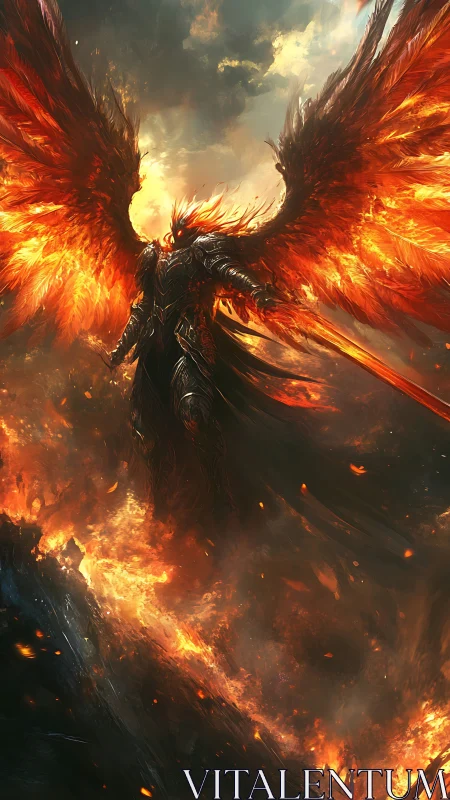 Blazing winged warrior rises boldly from a storm of fire