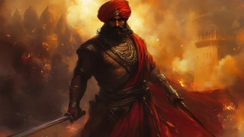 Warrior in red turban amid burning fortified city ruins.
