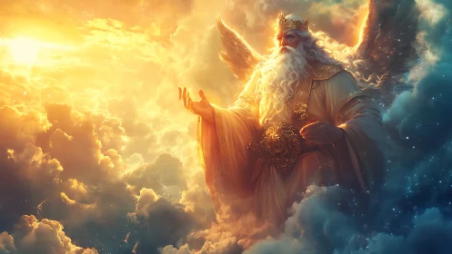Winged celestial king seated in radiant glowing clouds.