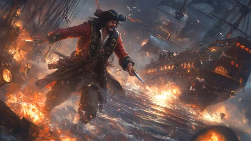 Pirate captain storms burning warship amid sea battle.
