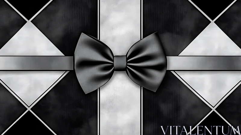 Monochrome bow gift ribbon on geometric noir diamond field.