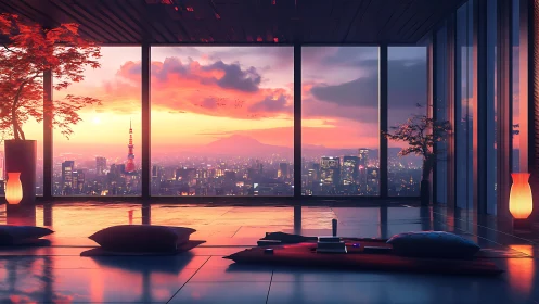 City sunset viewed from minimalist high-rise lounge.