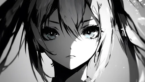 Monochrome anime portrait splits light and shadow perfectly.
