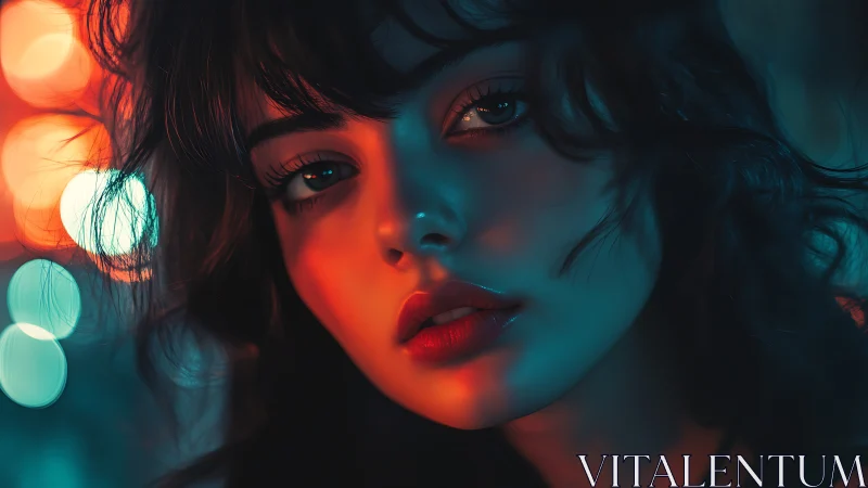 Moody digital portrait in teal and orange neon light.