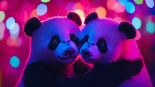Twin baby pandas glow under neon bokeh lights at night