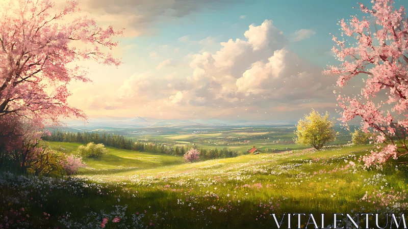 Spring valley panorama beneath luminous drifting clouds.