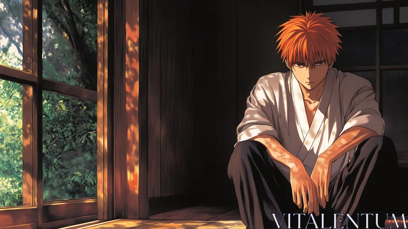 Ambient dappled light study on seated martial anime figure.