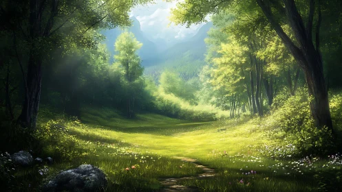 Forest valley with sunlit meadow and distant mountains beneath clear sky