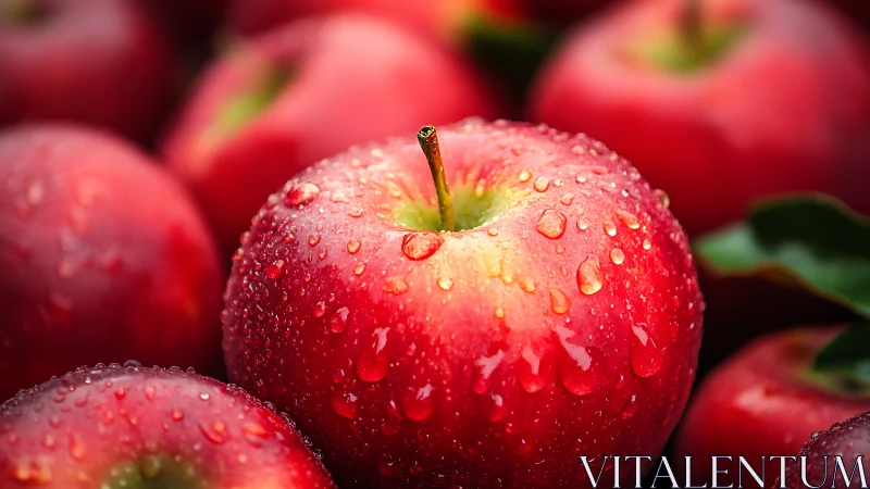 Macro study of dew-covered red apple surface with shallow focus