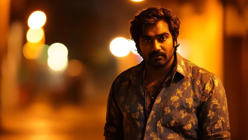 Cinematic street portrait under tungsten bokeh lighting study.