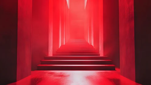 Dramatic Red Staircase in Futuristic Minimalist Architecture.
