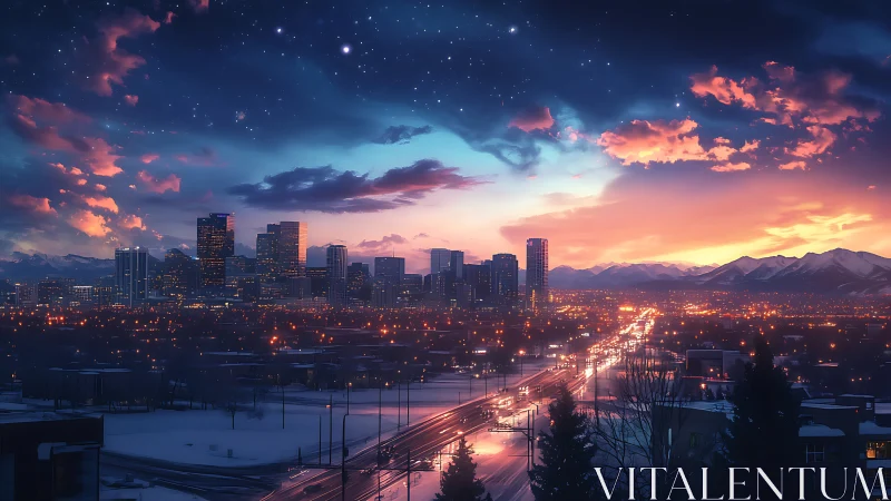 Digital painting skyline at dusk with luminous urban corridor.